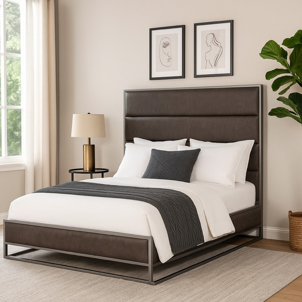 Chek King Size Bed | Gray Faux Leather Upholstery w Silver Metal Frame