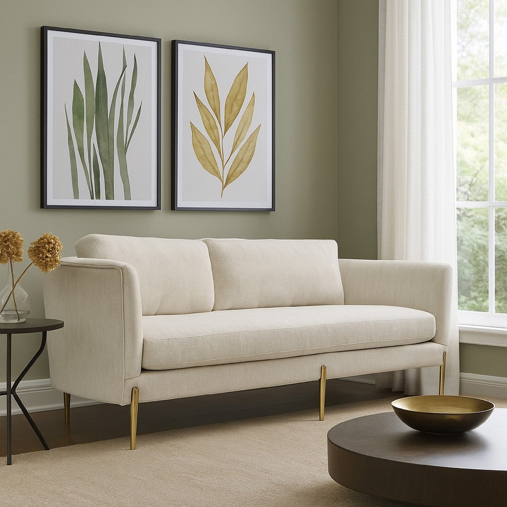 Meny Modern Sofa | Light Cream Textured Fabric | 92" Gold Metal