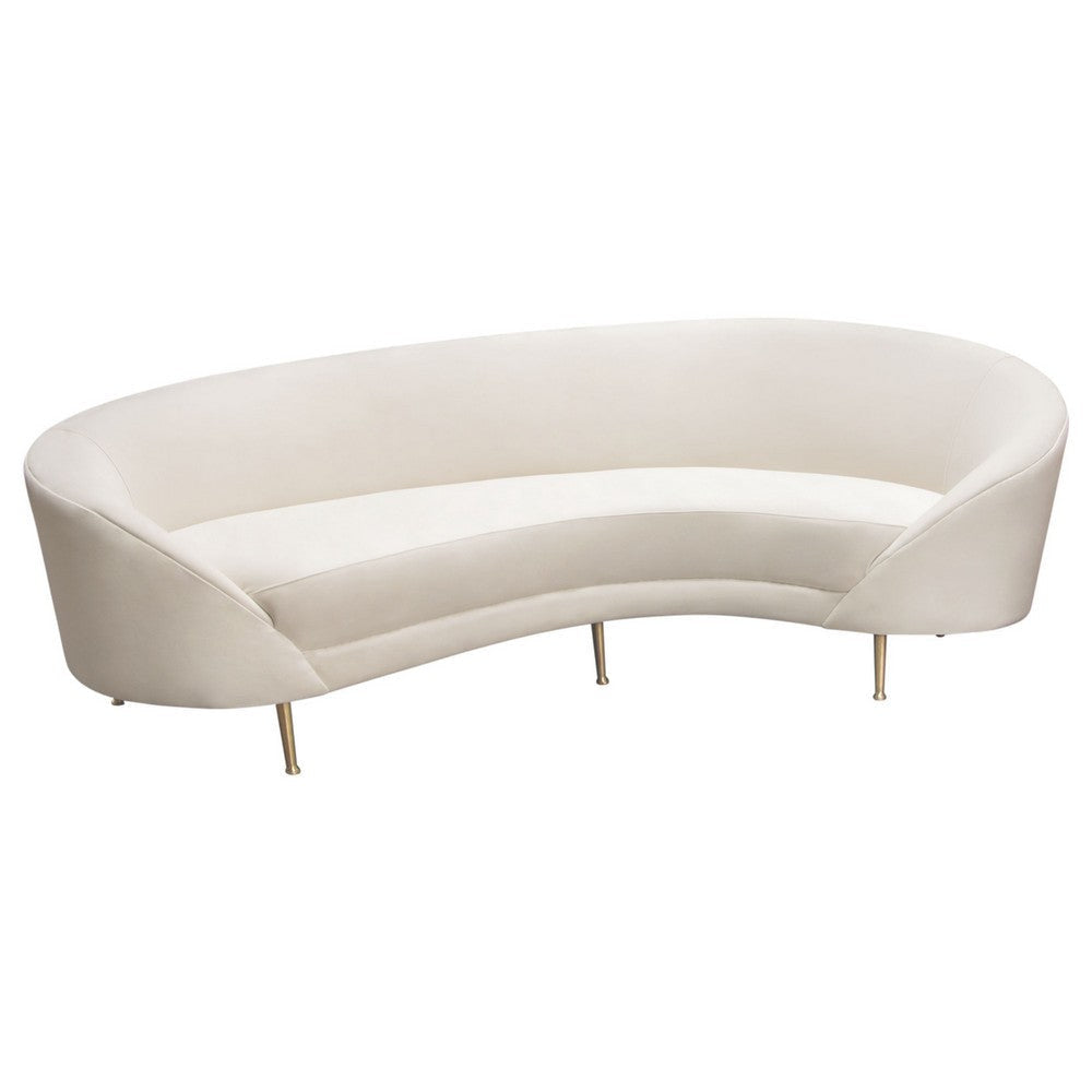 Dela Contoured Sofa in Contemporary Cream Velvet | Gold Metal Legs 100’’ BM338858
