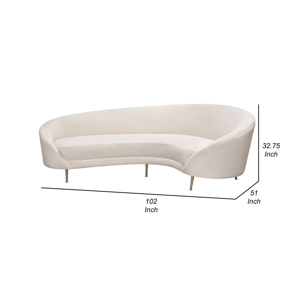 Dela Contoured Sofa in Contemporary Cream Velvet | Gold Metal Legs 100’’ BM338858