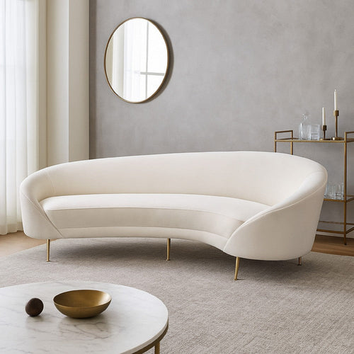 Dela Contoured Sofa in Contemporary Cream Velvet | Gold Metal Legs 100"