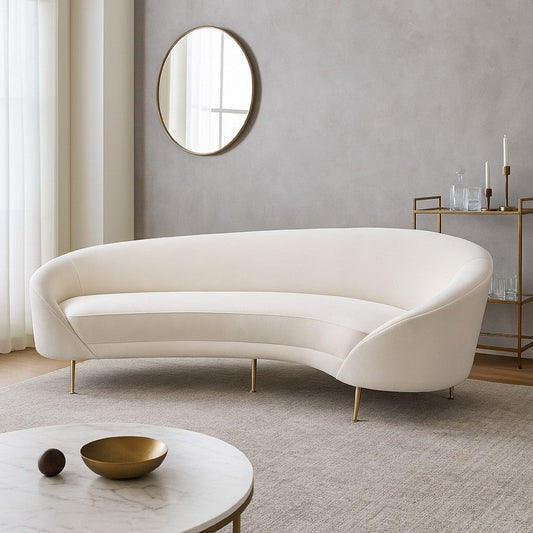 Dela Contoured Sofa in Contemporary Cream Velvet | Gold Metal Legs 100"