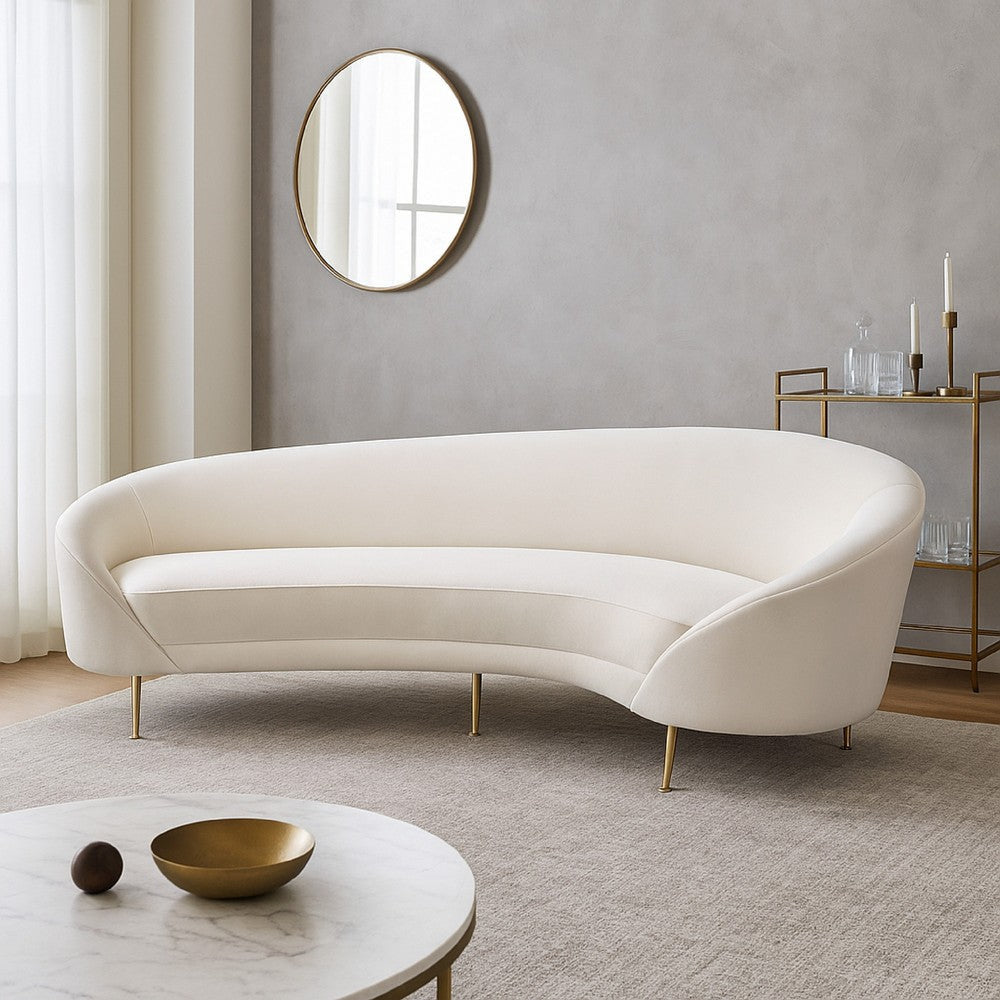 Dela Contoured Sofa in Contemporary Cream Velvet | Gold Metal Legs 100"