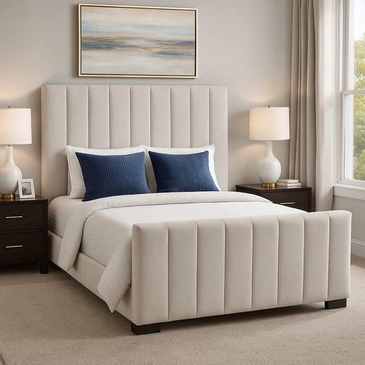 Eva Queen Bed | Vertical Channel Tufted Light Gray Velvet Upholstery