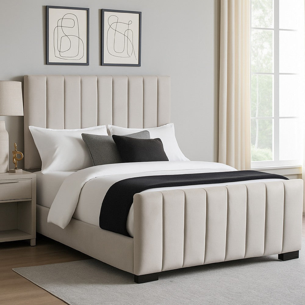 Eva King Bed | Vertical Channel Tufted Light Gray Velvet Upholstery