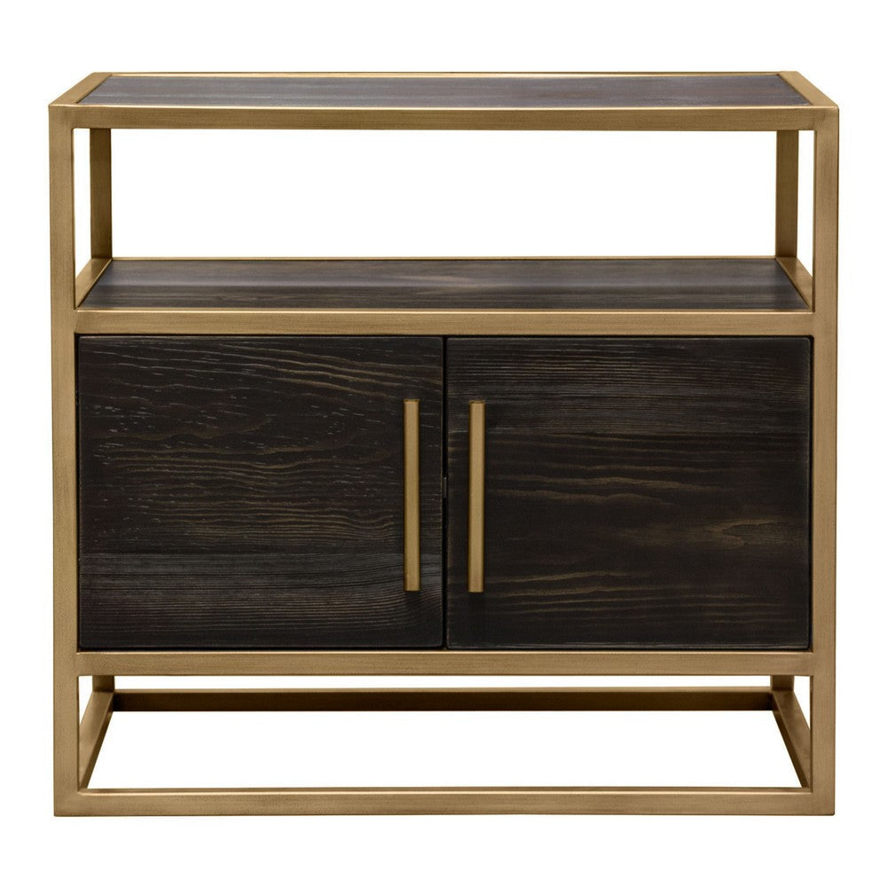 Chek 26’’ Side Table Nightstand 2 Doors 1 Shelf Dark Brown Gold Steel BM338863