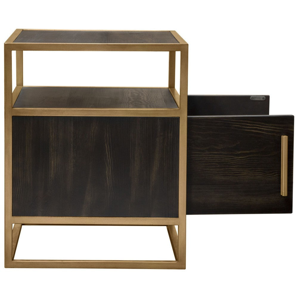 Chek 26’’ Side Table Nightstand 2 Doors 1 Shelf Dark Brown Gold Steel BM338863
