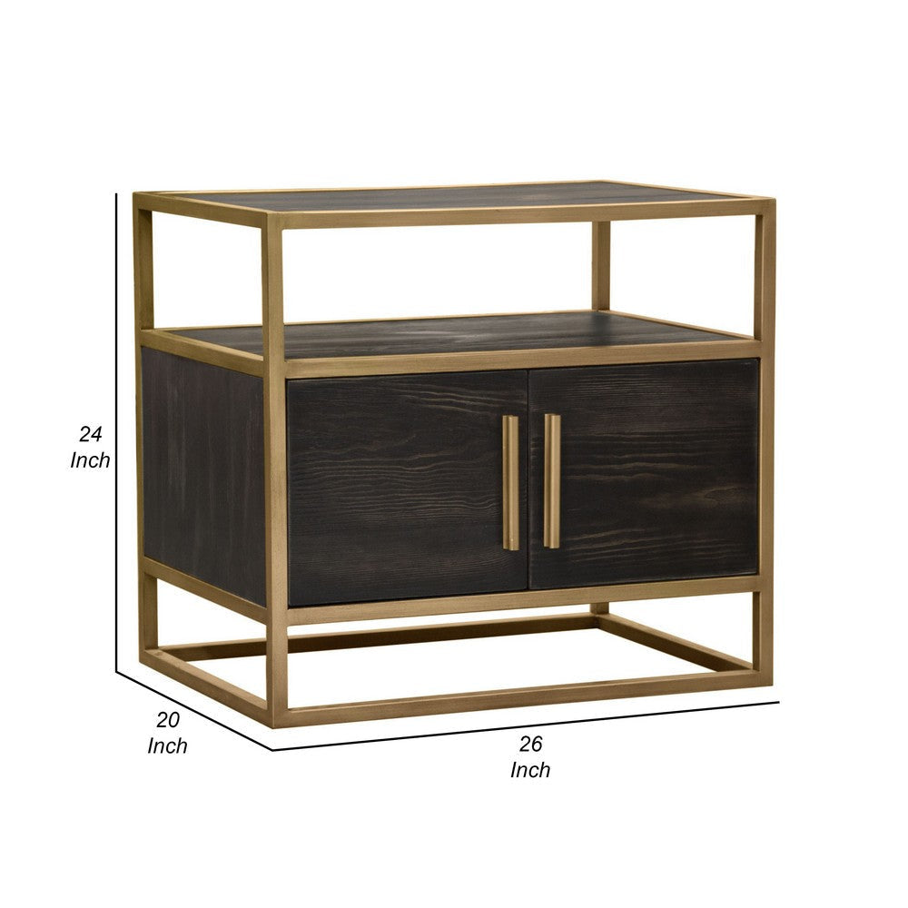 Chek 26’’ Side Table Nightstand 2 Doors 1 Shelf Dark Brown Gold Steel BM338863