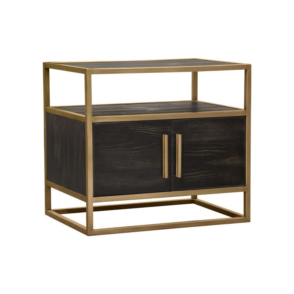 Chek 26’’ Side Table Nightstand 2 Doors 1 Shelf Dark Brown Gold Steel BM338863