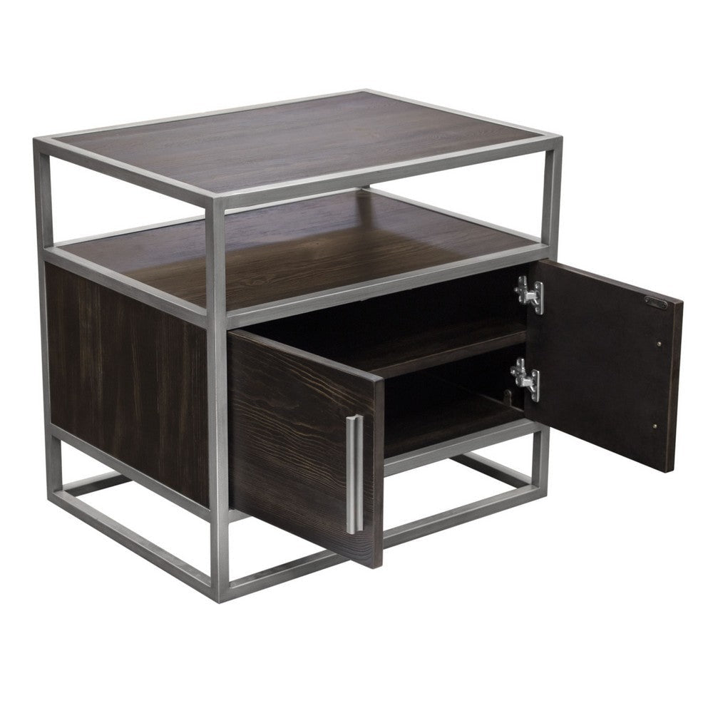 Chek 26’’ Side Table Nightstand 2 Doors 1 Shelf Dark Brown Silver Steel BM338864