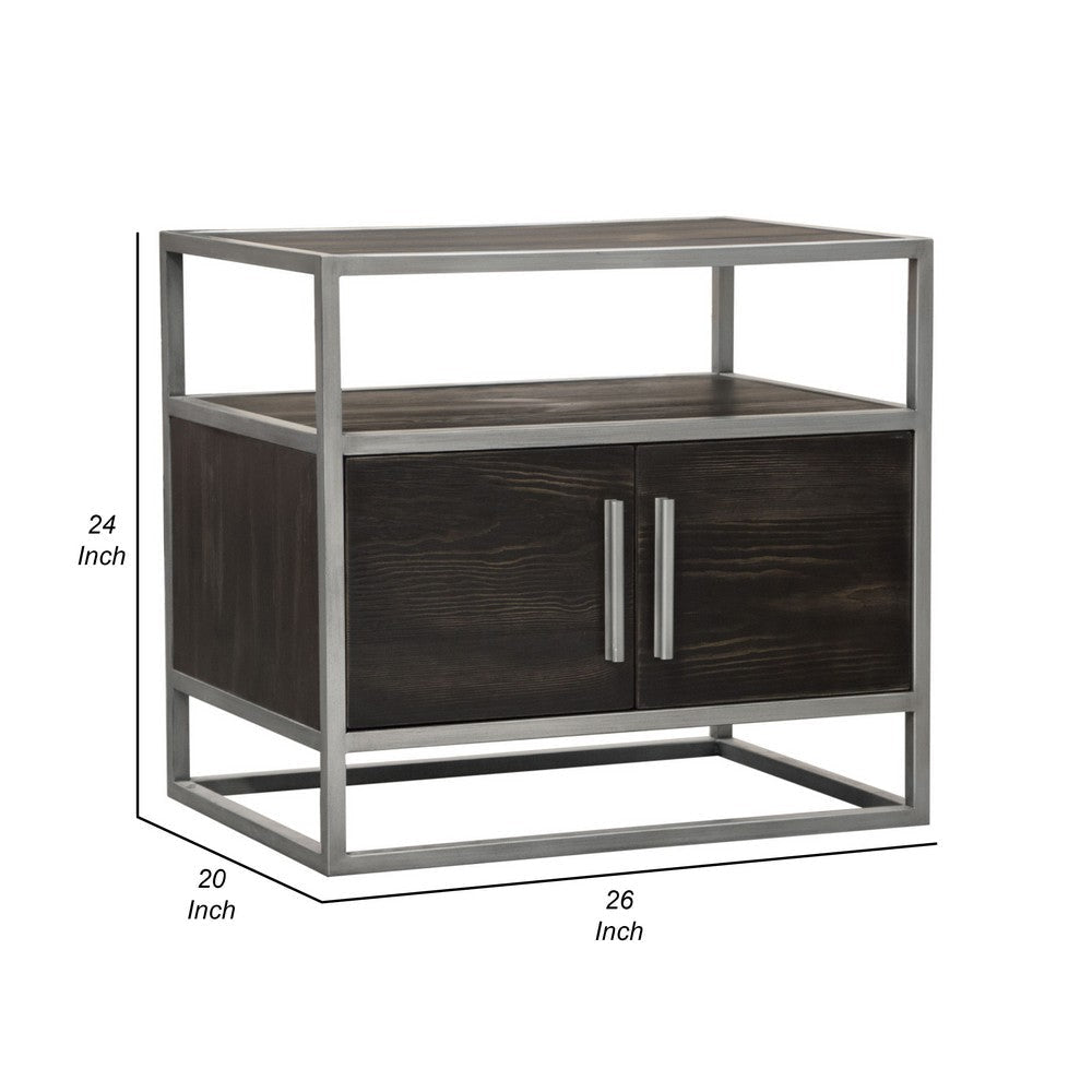 Chek 26’’ Side Table Nightstand 2 Doors 1 Shelf Dark Brown Silver Steel BM338864