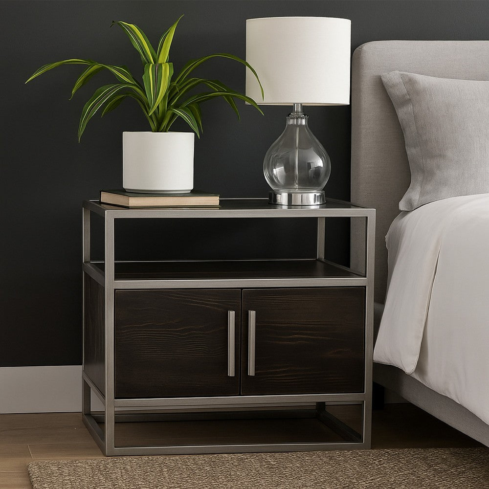 Chek 26" Side Table Nightstand, 2 Doors, 1 Shelf, Dark Brown, Silver Steel