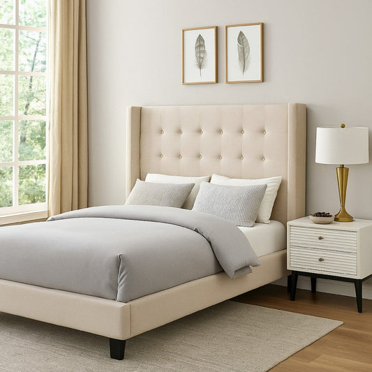Seny Queen Size Bed | Button Tufted Wingback | Sand Brown Upholstery