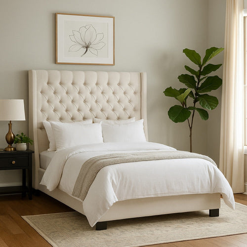 Zoa King Size Bed in Desert Sand Linen Upholstery, Wingback Headboard