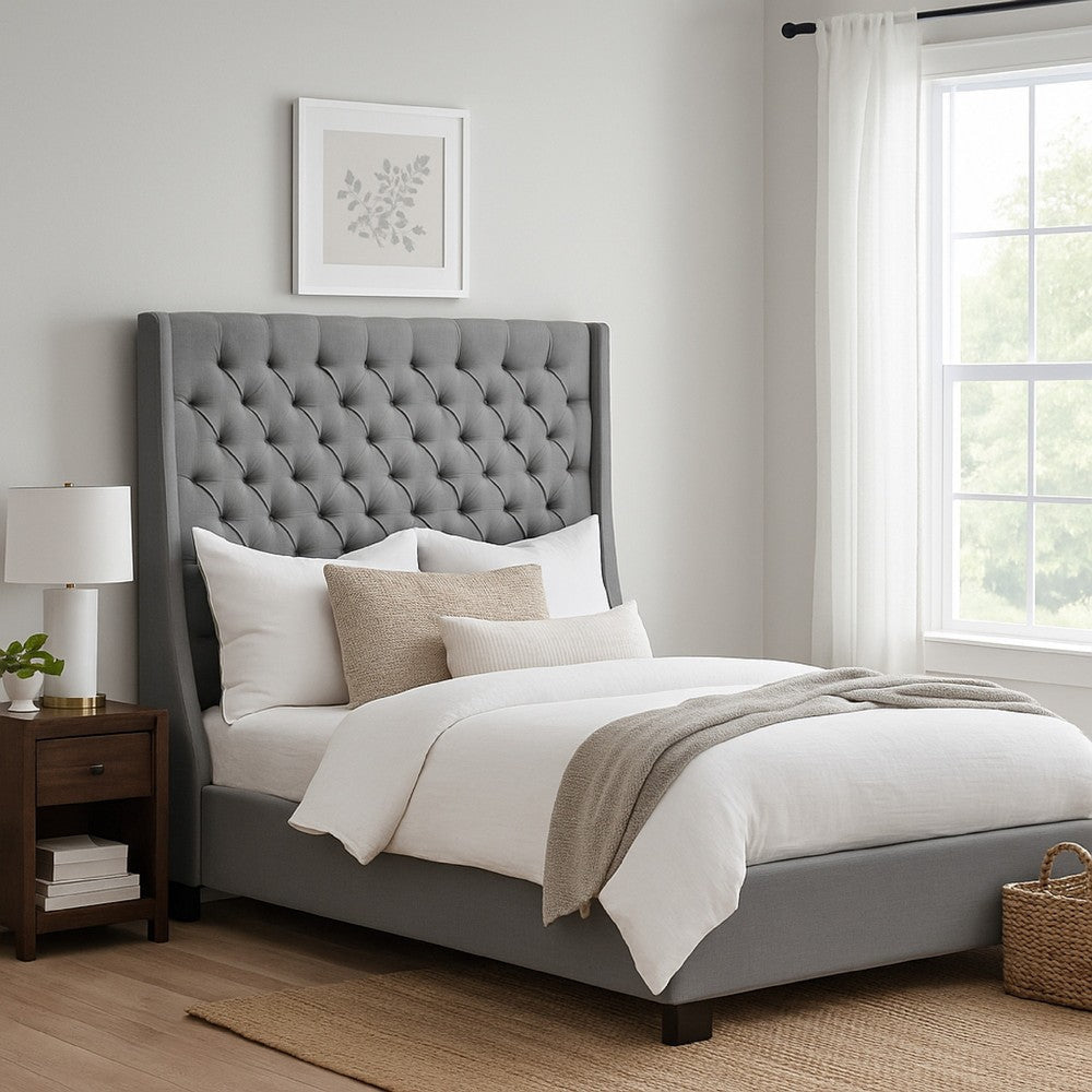 Zoa King Size Bed in Dark Gray Linen Upholstery Wingback Headboard