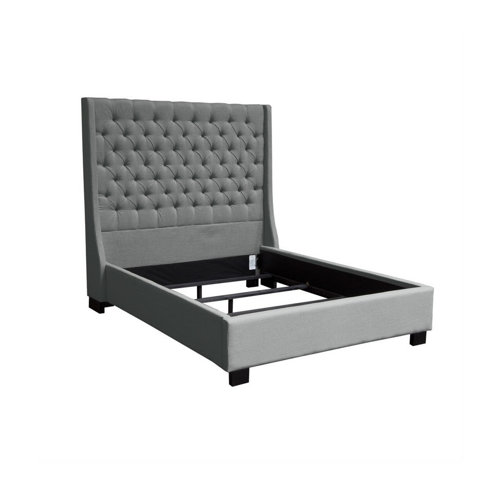 Zoa King Size Bed in Dark Gray Linen Upholstery, Wingback Headboard