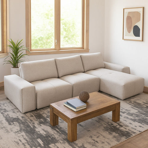 Joa 3 Seater L Sofa w Reversible Chaise, Adjustable Back, Light Greige