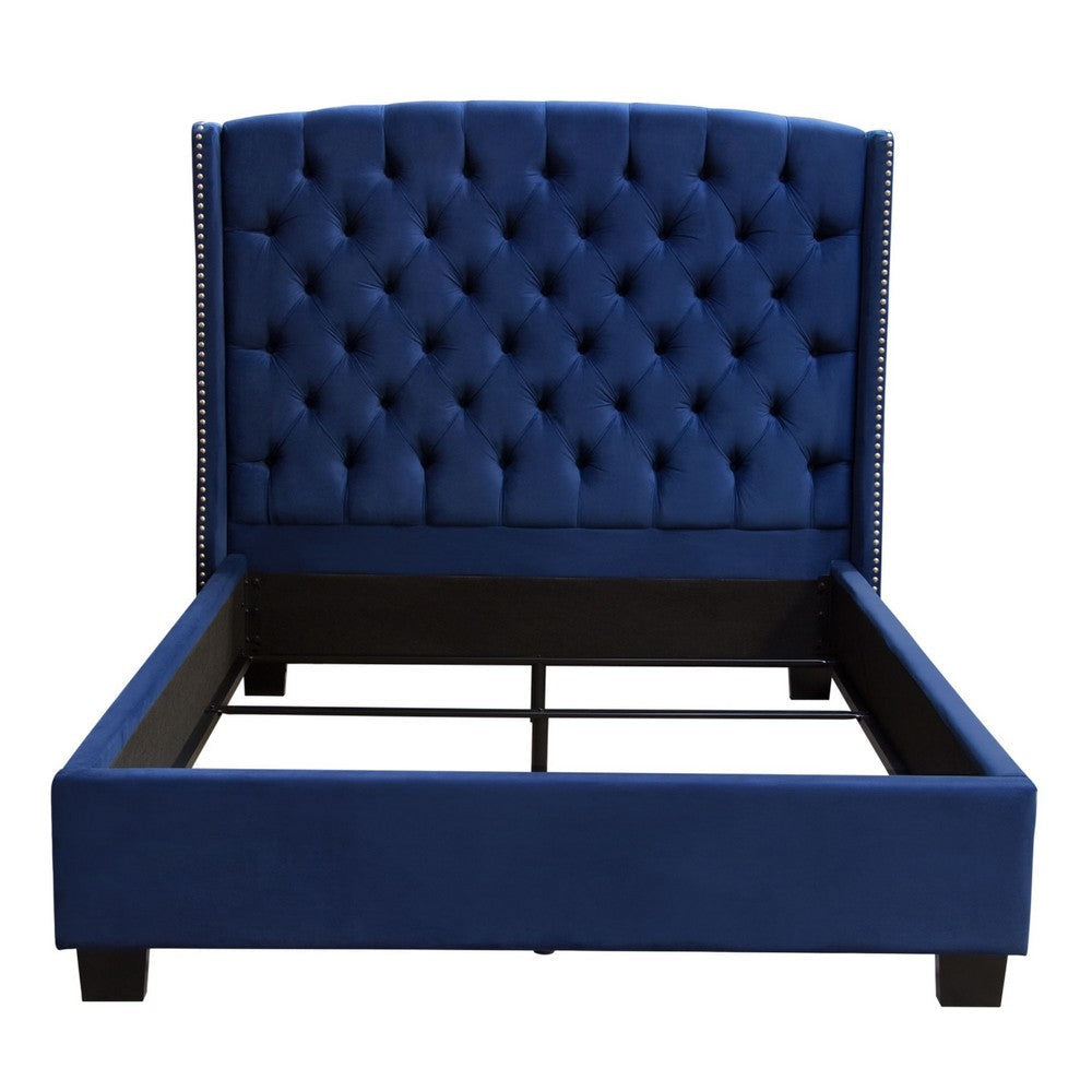 Mona Queen Size Bed Navy Blue Velvet Upholstery Nailhead Wingback BM338876