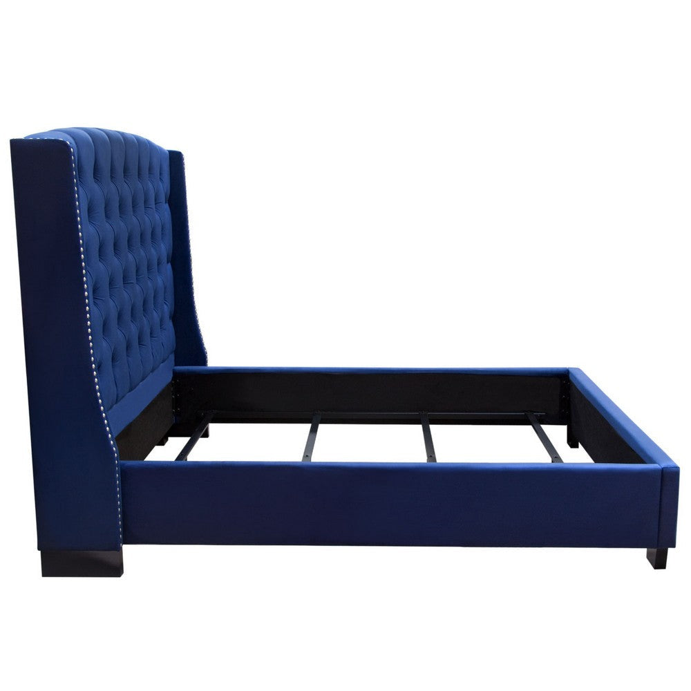 Mona Queen Size Bed Navy Blue Velvet Upholstery Nailhead Wingback BM338876