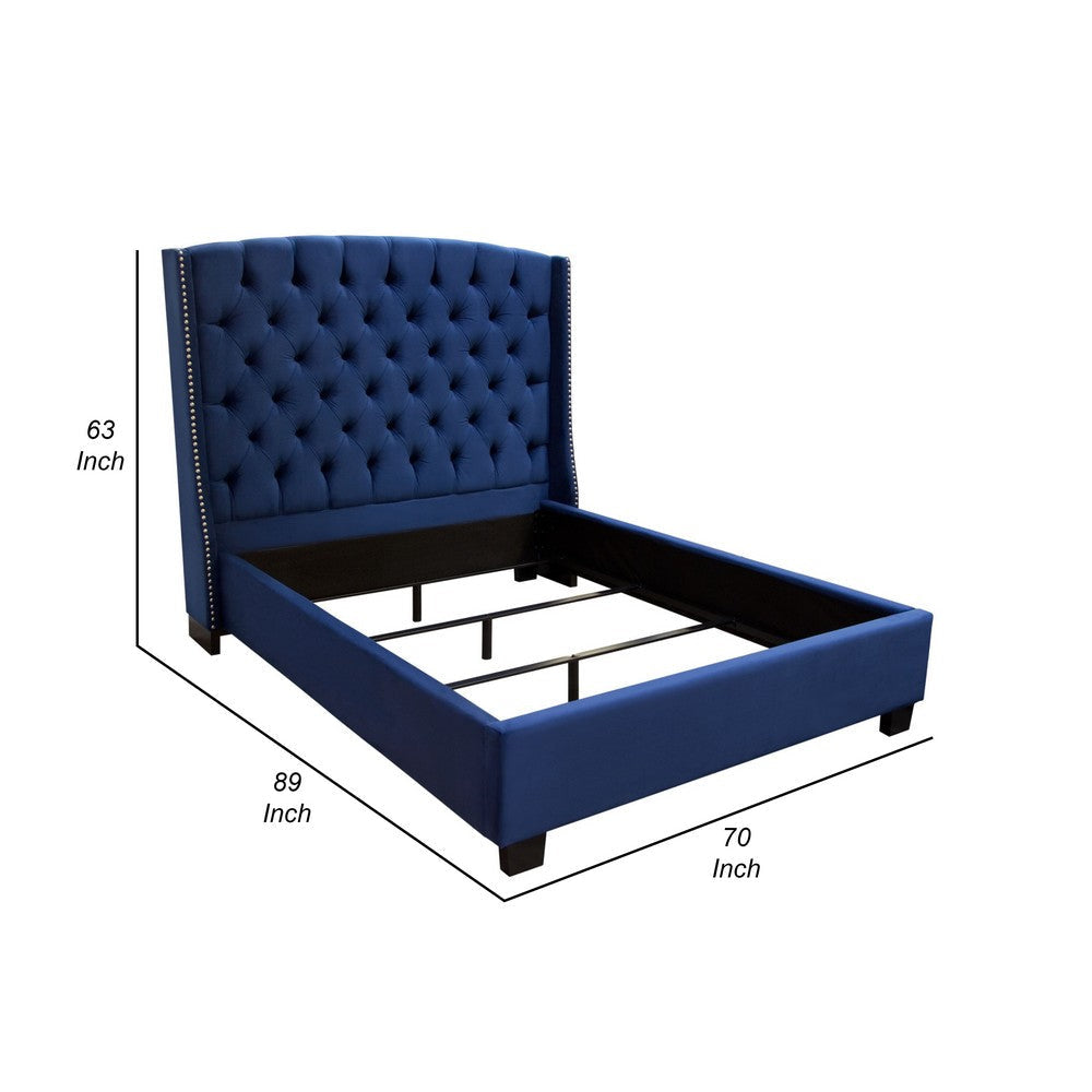 Mona Queen Size Bed Navy Blue Velvet Upholstery Nailhead Wingback BM338876