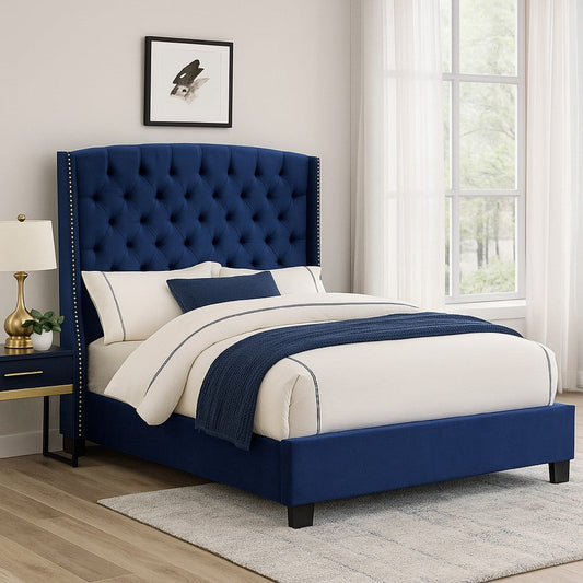 Mona Queen Size Bed, Navy Blue Velvet Upholstery, Nailhead Wingback