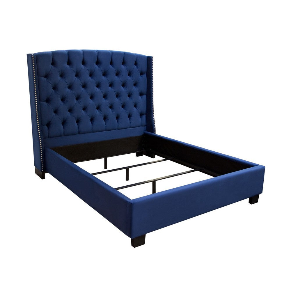 Mona Queen Size Bed Navy Blue Velvet Upholstery Nailhead Wingback BM338876