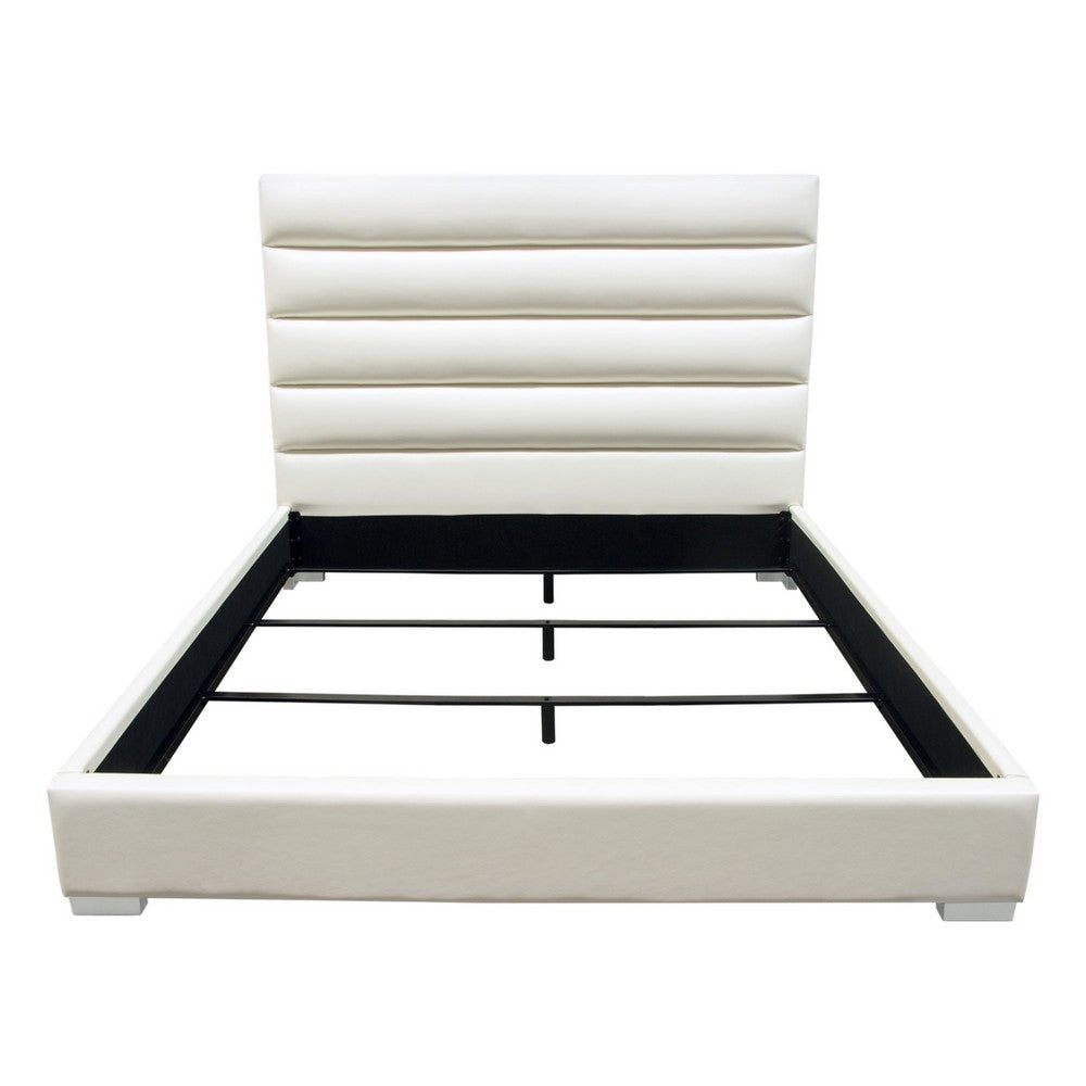Hela Queen Size Bed Channel Tufted White Faux Leather Upholstery BM338878