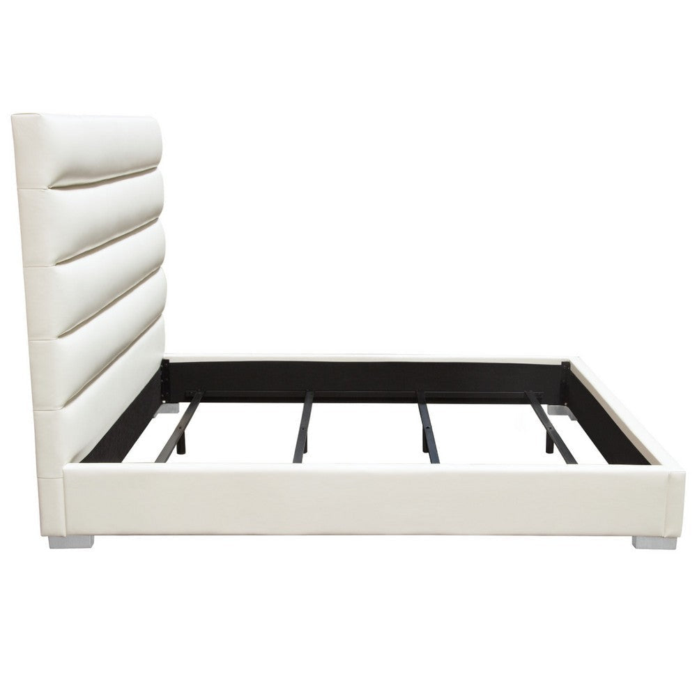 Hela Queen Size Bed Channel Tufted White Faux Leather Upholstery BM338878