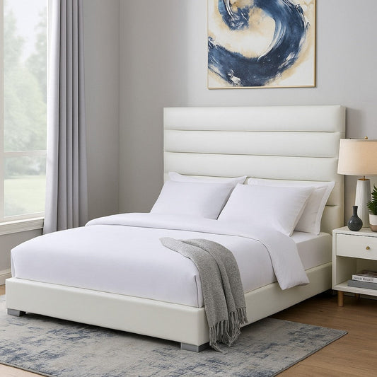 Hela Queen Size Bed, Channel Tufted White Faux Leather Upholstery