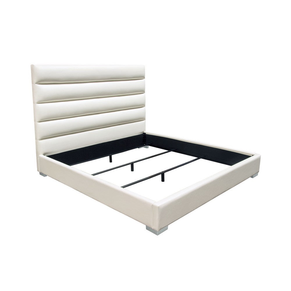 Hela Queen Size Bed Channel Tufted White Faux Leather Upholstery BM338878