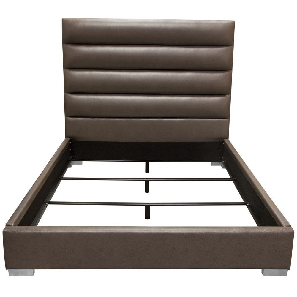 Hela Queen Size Bed Channel Tufted Taupe Gray Faux Leather Upholstery BM338880