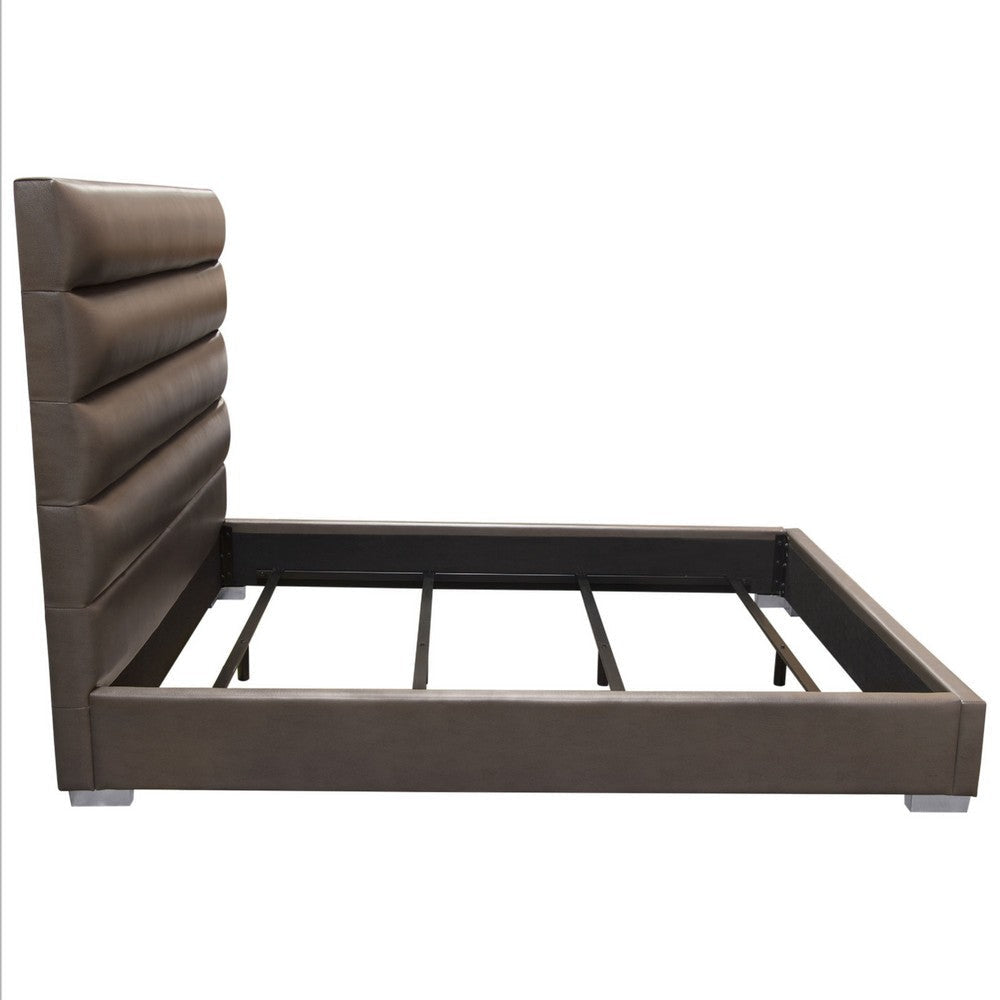 Hela Queen Size Bed Channel Tufted Taupe Gray Faux Leather Upholstery BM338880