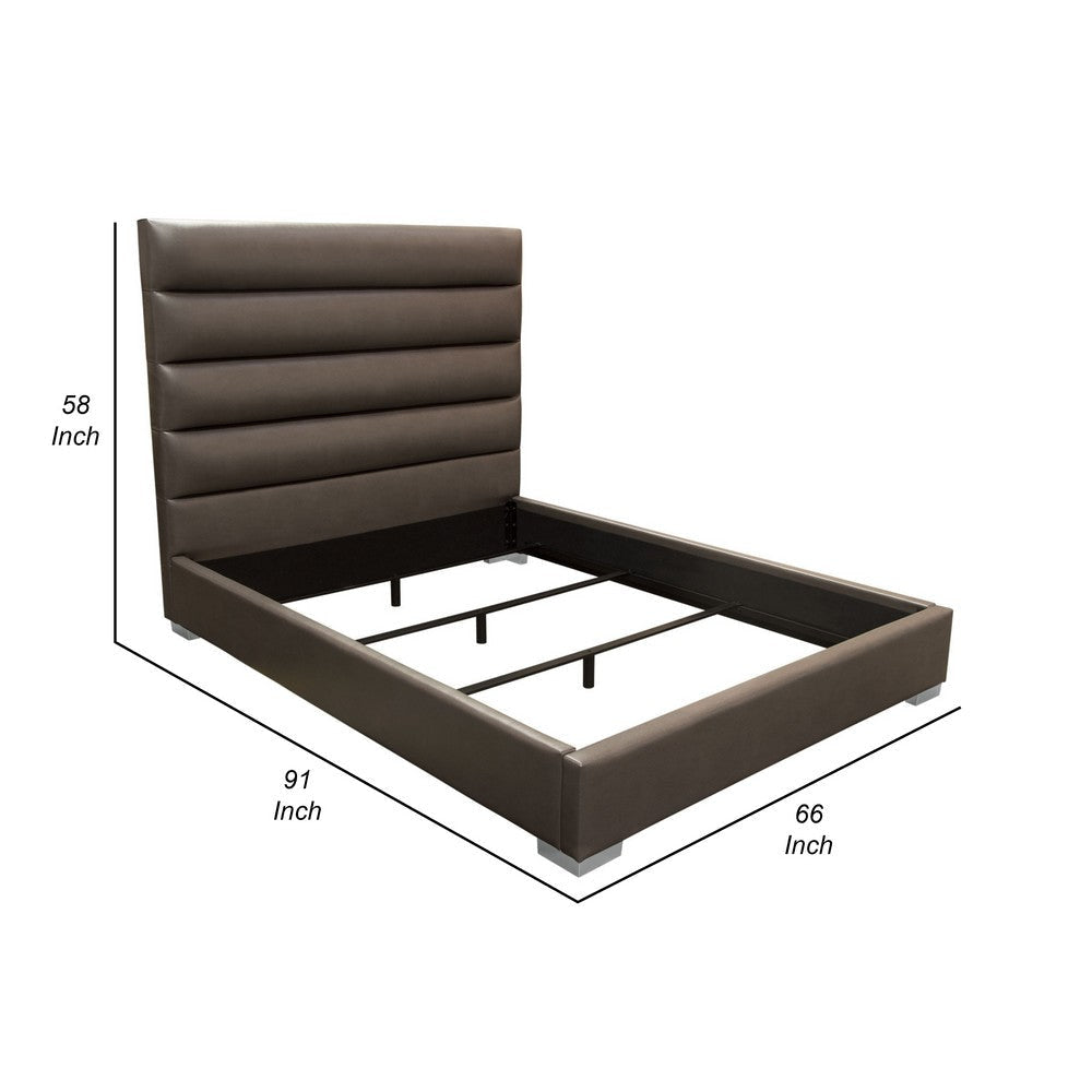 Hela Queen Size Bed Channel Tufted Taupe Gray Faux Leather Upholstery BM338880