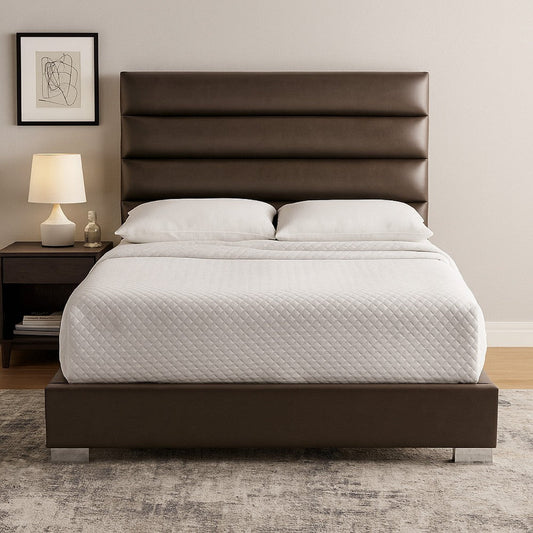 Hela Queen Size Bed, Channel Tufted Taupe Gray Faux Leather Upholstery