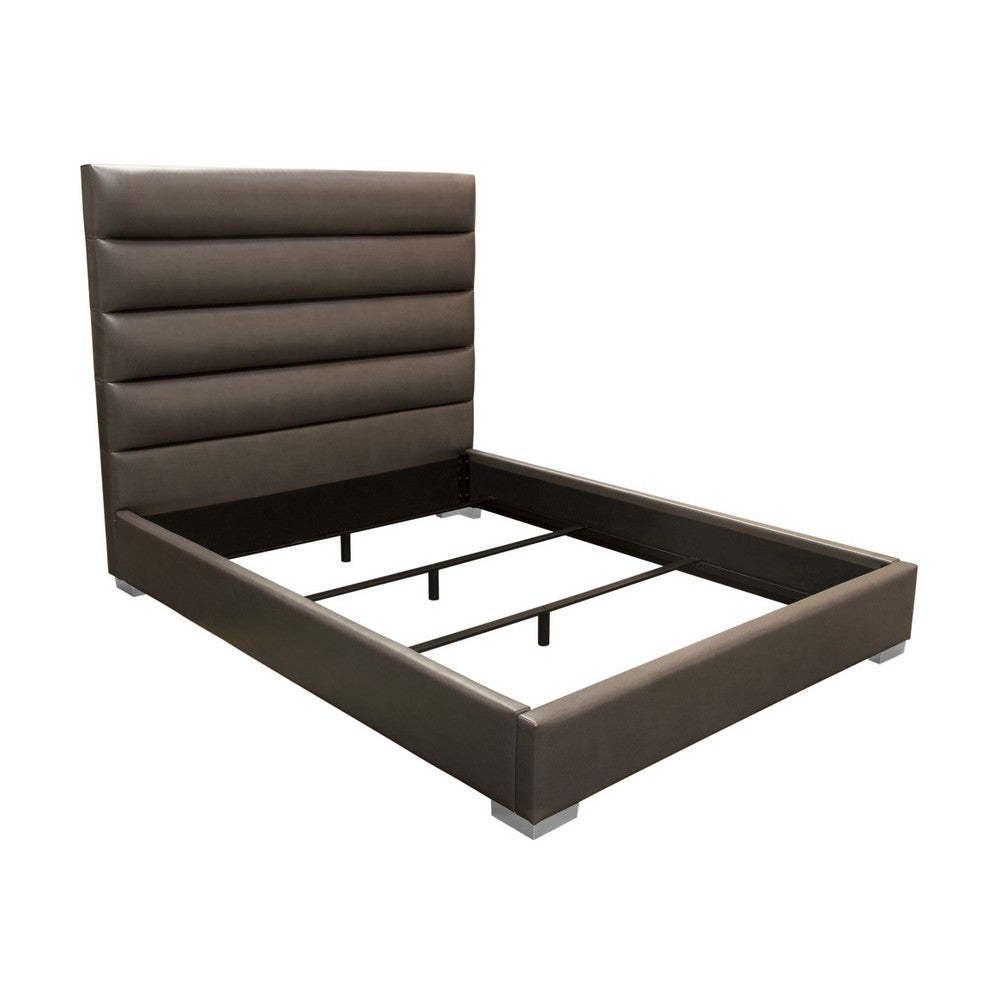 Hela Queen Size Bed Channel Tufted Taupe Gray Faux Leather Upholstery BM338880