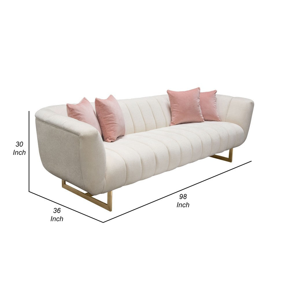 Eva Sofa with 4 Pink Accent Pillows Cream and Gold Metal Base 98’’ BM338883