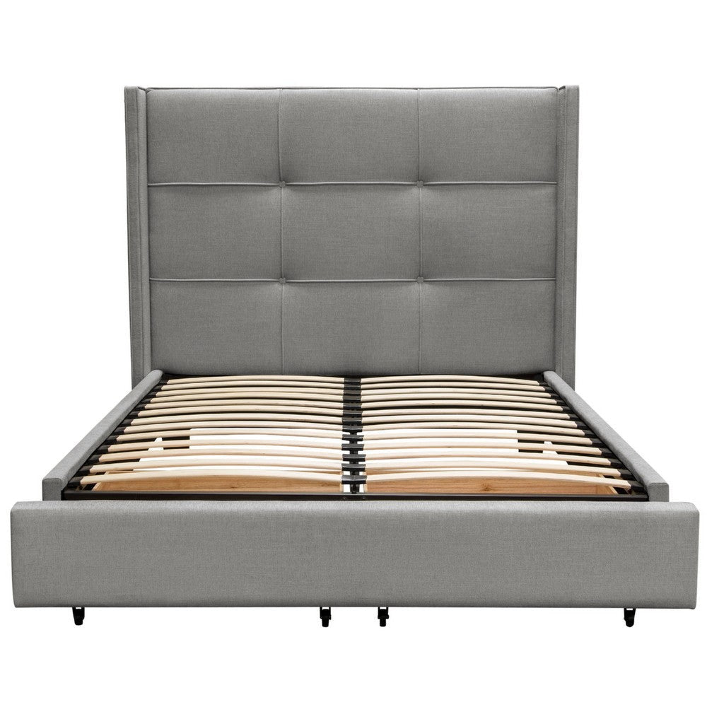 Bea Queen Size Bed with Storage Footboard Gray Faux Linen Upholstery