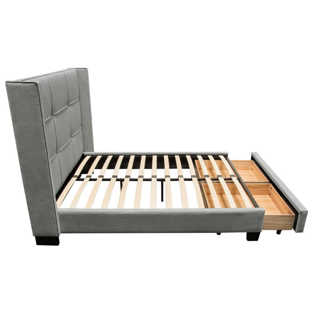 Bea Queen Size Bed with Storage Footboard Gray Faux Linen Upholstery