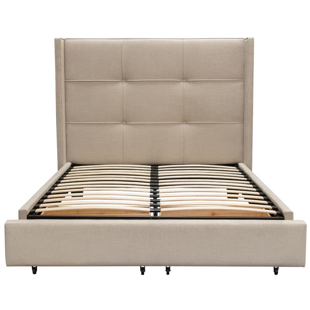 Bea Queen Bed with Storage Footboard Sand Brown Faux Linen Upholstery
