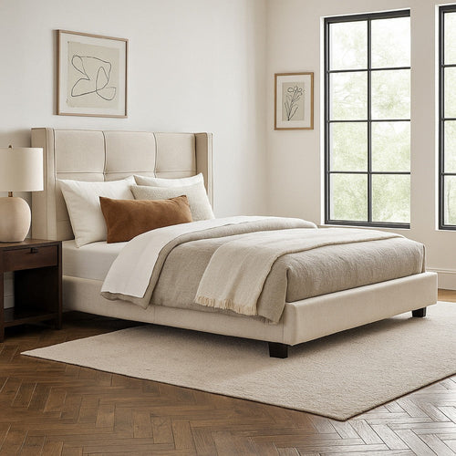 Bea Queen Bed with Storage Footboard, Sand Brown Faux Linen Upholstery