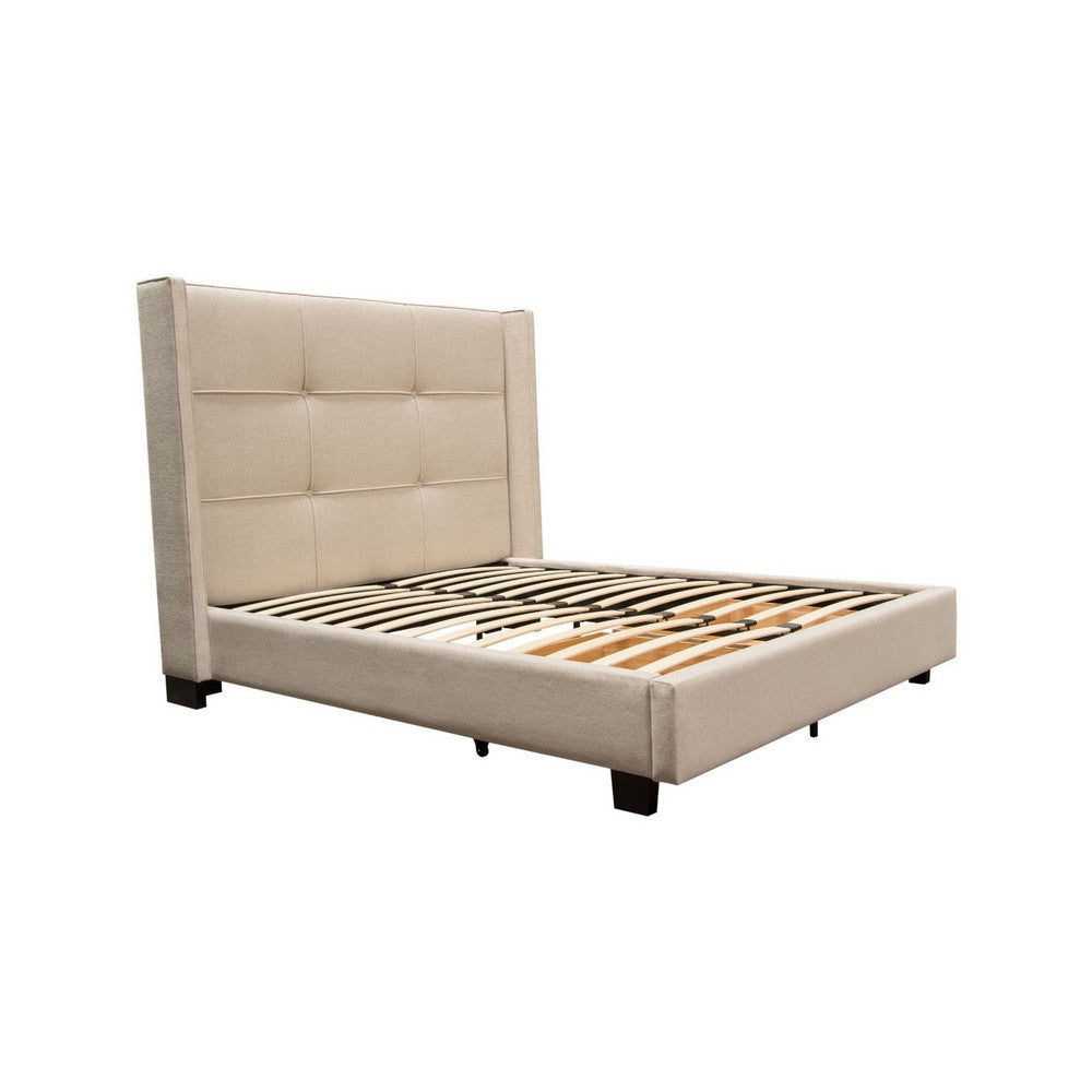 Bea Queen Bed with Storage Footboard Sand Brown Faux Linen Upholstery