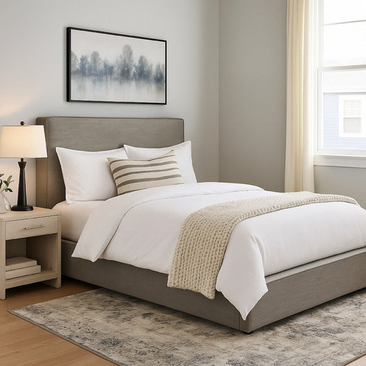 Zea Queen Size Bed, Gray Polyester Upholstered Low Profile Frame