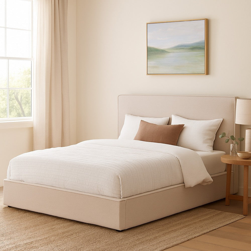 Zea Queen Size Bed, Sand Beige Polyester Upholstered Low Profile Frame