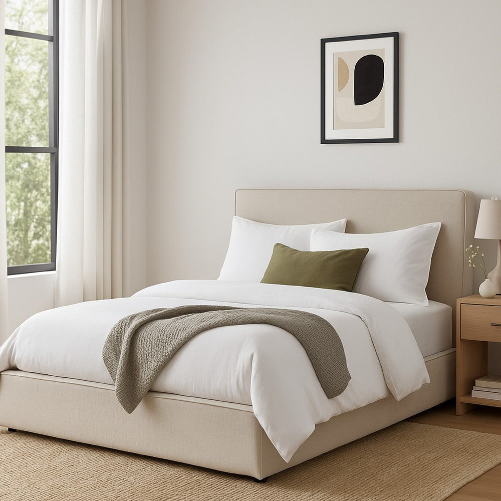 Zea King Size Bed Sand Beige Polyester Upholstered Low Profile Frame