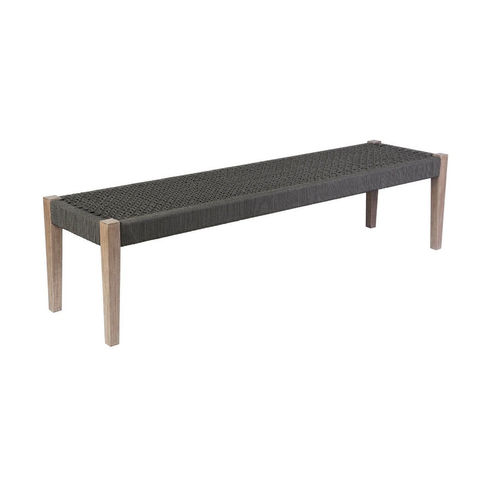 Rwan Patio Dining Bench | 71" Gray Woven Seat | Brown Wood Frame