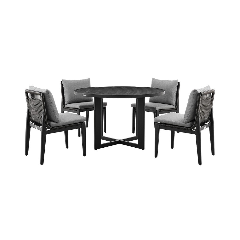 Grop 5pc Outdoor Dining Set | Black Metal Table | 4 Gray Fabric Chairs
