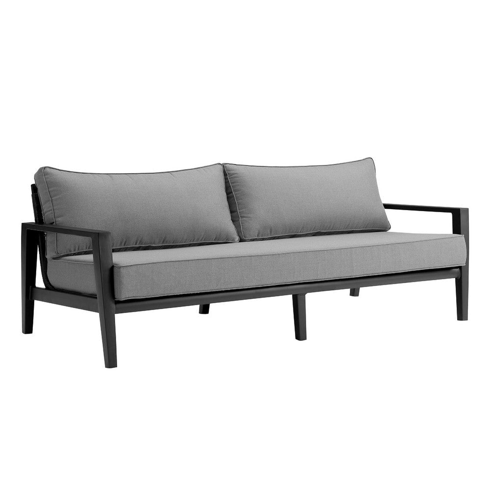 Grop 4pc Outdoor Sofa Chair & Coffee Table Set | Black Metal | Gray Fabric Seats BM338908