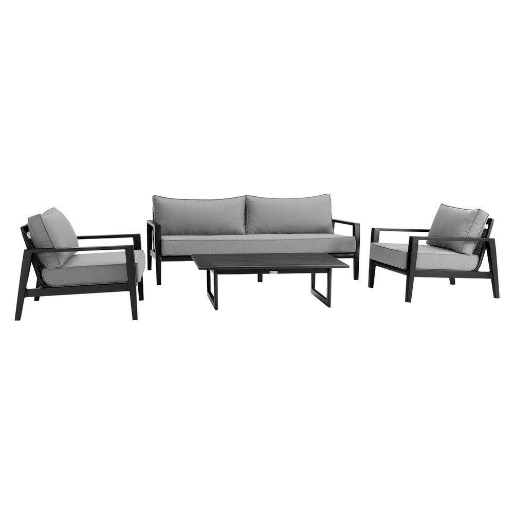 Grop 4pc Outdoor Sofa Chair & Coffee Table Set | Black Metal | Gray Fabric Seats