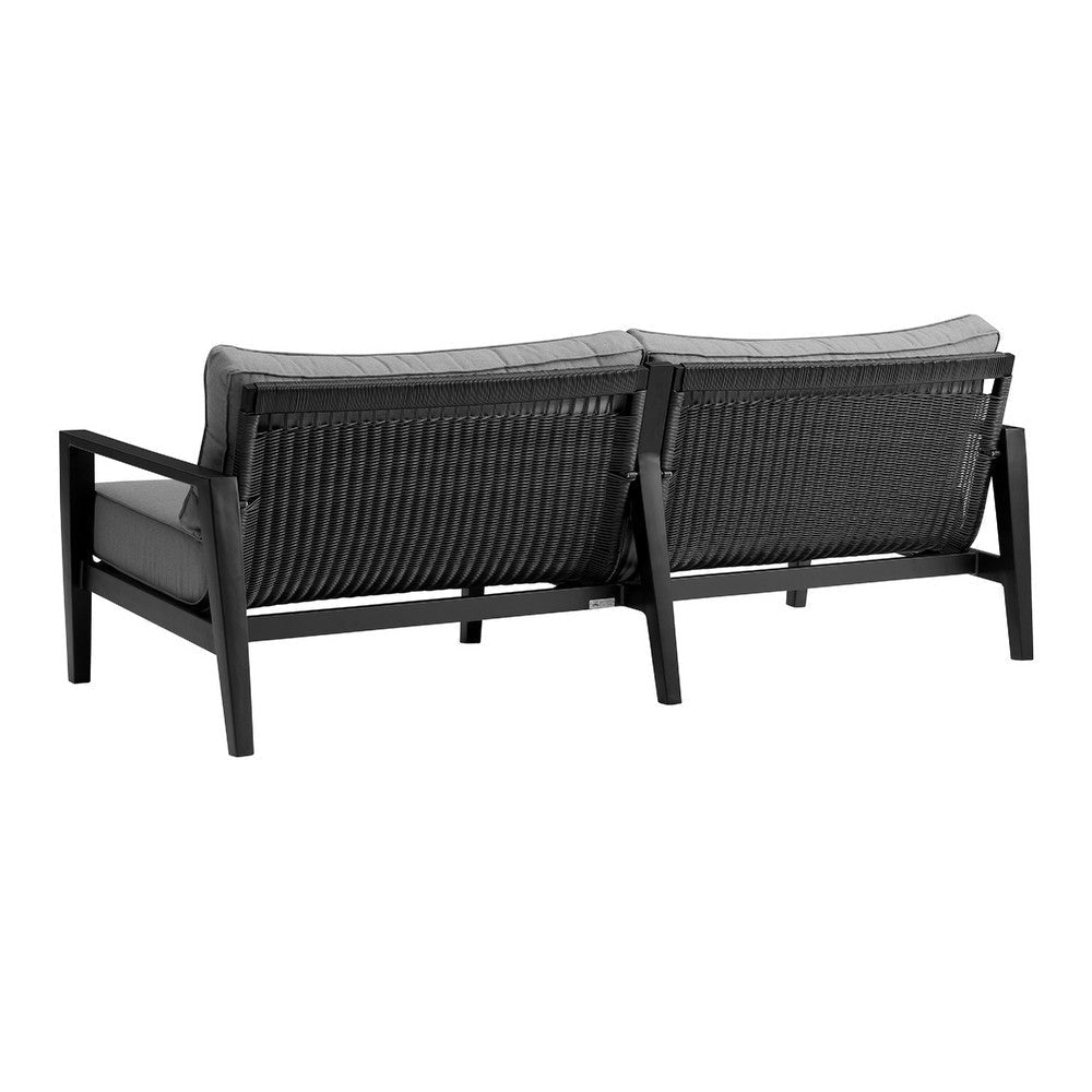 Grop 4pc Outdoor Sofa Chair & Coffee Table Set | Black Metal | Gray Fabric Seats BM338908