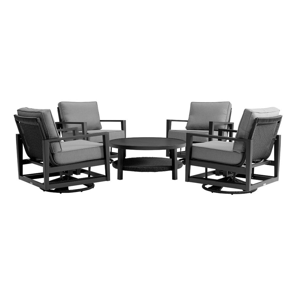Grop 5pc Outdoor Social Set w 4 Gray Swivel Chairs & Black Coffee Table BM338911